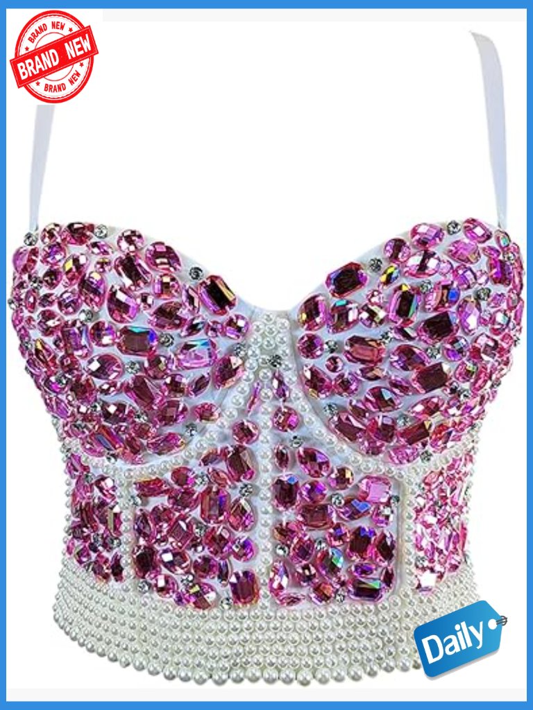 Rhinestone Beaded Bustier Crop Top Corset Vest Club Party Glitter